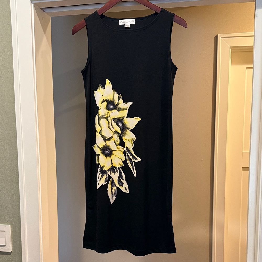 Casual Corner Black Small Midi Dress with Yellow Floral Pattern